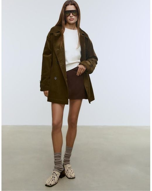 Stradivarius Green Regular Fit Corduroy Coat