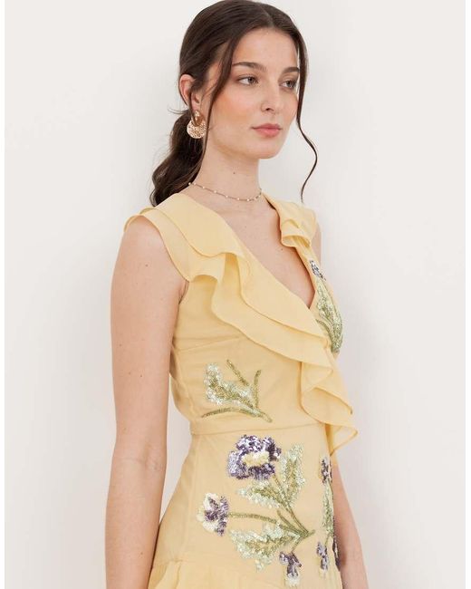 Maya Natural Embellished Asymmetric Ruffle Maxi Dress