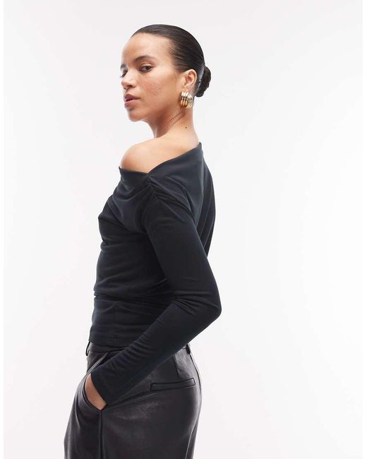 ASOS Blue Soft Touch Drape Off Shoulder Top With Cinch Waist