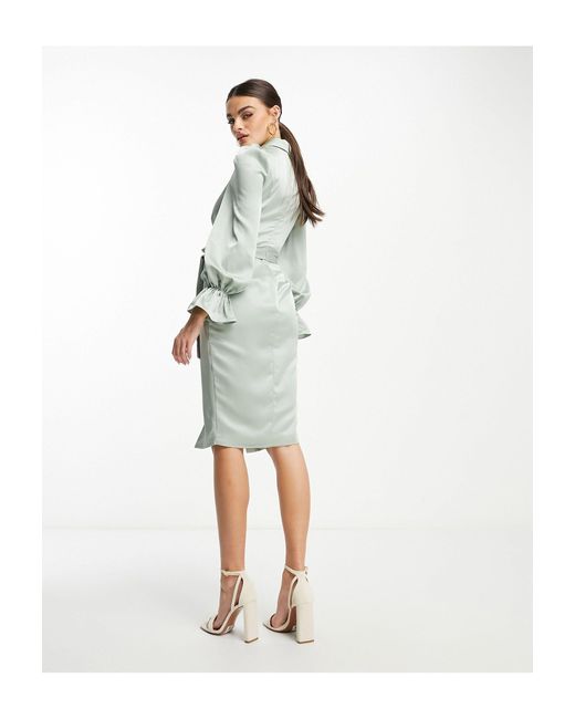 Robe mi-longue en satin avec manches bouffantes - vert sauge Lavish Alice en coloris White