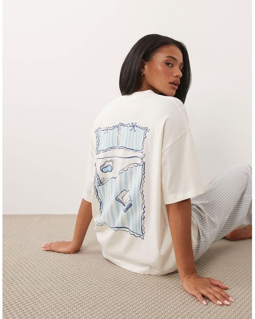 ASOS White "but First, Sleep" Embroidered Oversized Short Sleeve Top & Woven Striped Pants Pajama Set