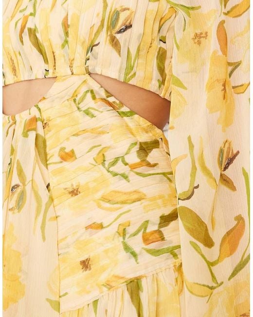 ASOS Yellow Long Sleeve Cut Out Maxi Dress With Ruched Skirt