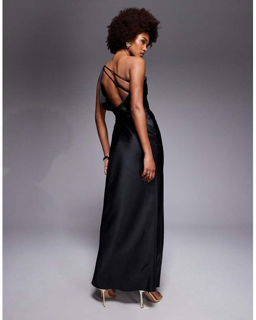 ASOS Gray Asos Design Tall One Shoulder Asymmetric Drape Satin Maxi Dress