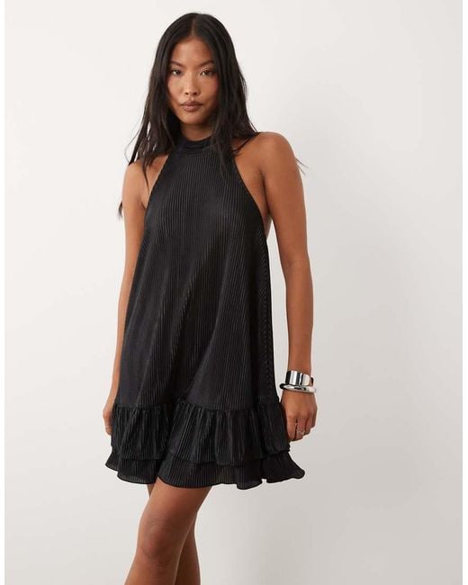 ASOS Black Asos Design Petite Plisse Halter Neck Mini Dress With Ruffle Hem