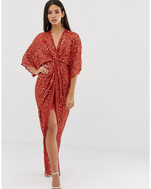 ASOS Scatter Sequin Knot Front Kimono Maxi Dress in Red | Lyst Australia