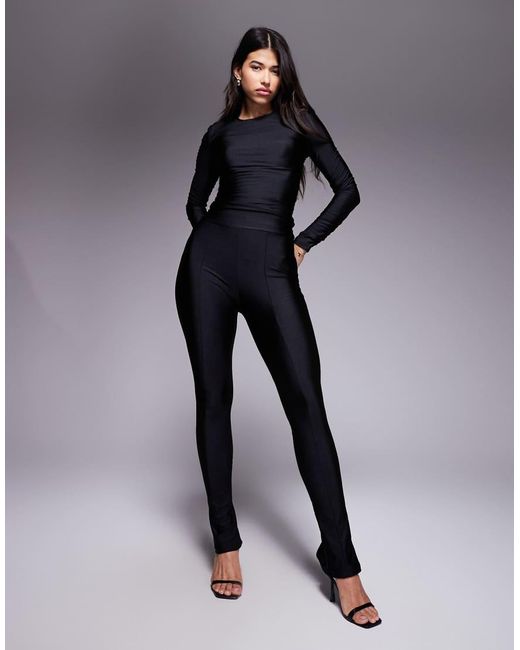 Ruched & Ready Black Sculpting High Shine Padded Shoulder Detail Bodysuit Mix And Match Co-Ord
