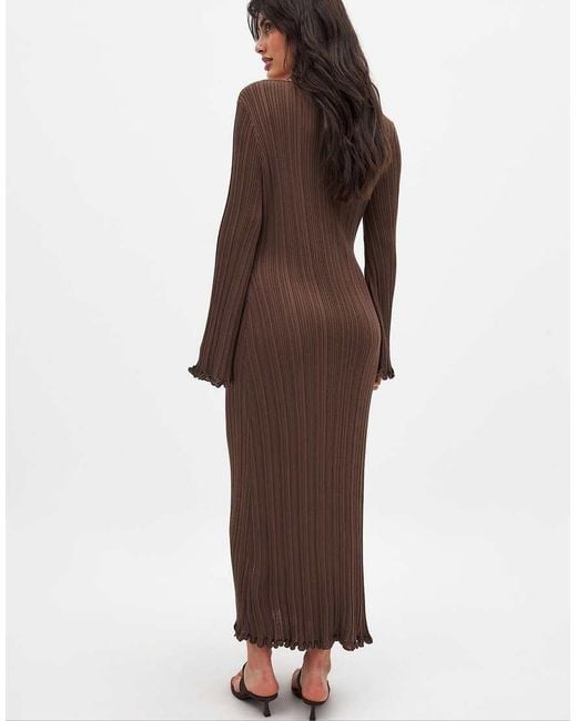 NA-KD Brown Knitted Round Neck Frill Maxi Dress