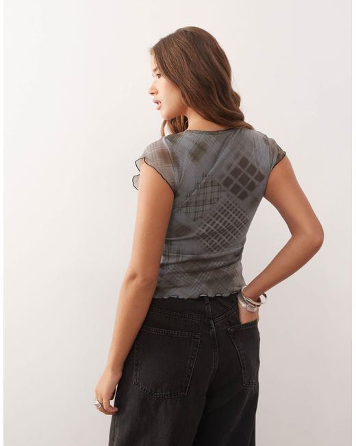 Reclaimed (vintage) Gray Square Neck Split Front Mesh Top