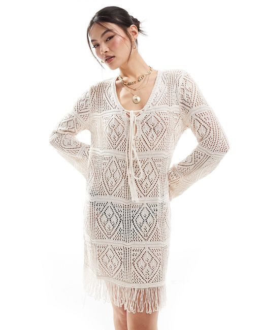 In The Style White V Neck Tie Detail Tassel Hem Crochet Mini Beach Dress