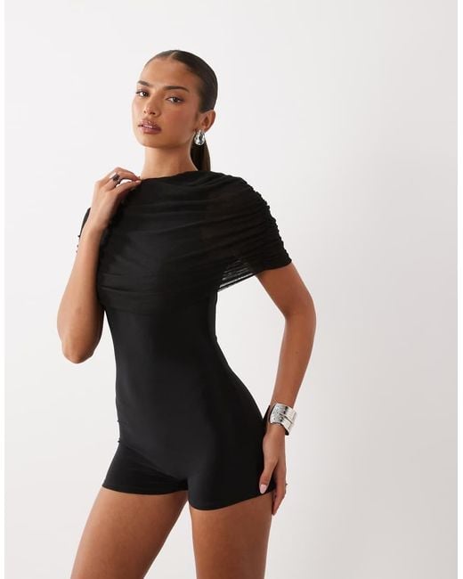 Missy Empire Black Missy Empire Slinky Mesh Cape Overlay Playsuit