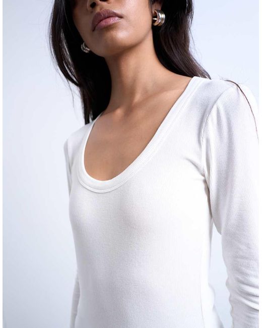 TOPSHOP Premium Geribbelde Top Met Lange Mouwen En Wijde Lage Ronde Hals in het White