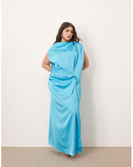 ARRANGE Blue Curve Satin Side Drape Off Shoulder Maxi Dress