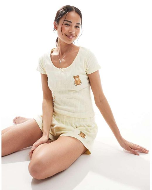 Daisy Street Yellow Scoop Neck Top And Shorts Pajama Set With Bear Graphic