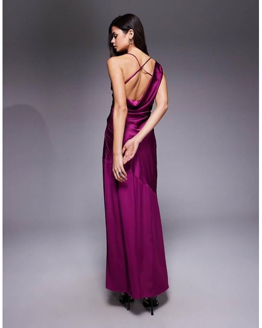 TFNC London Purple Satin Draped Neck Cross Back Maxi Dress