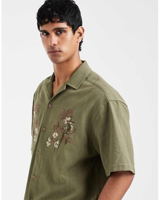 ASOS Green Oversized Boxy Shirt With Floral Chest Embroidery for men