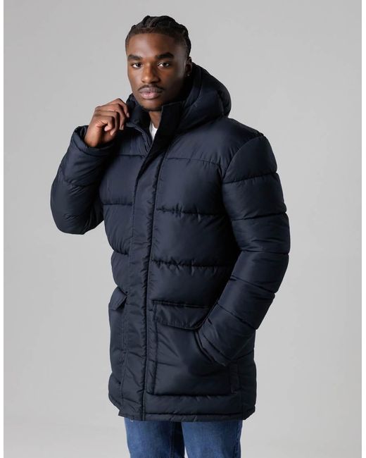French Connection Blue Hooded Parka Longline Zip-Through Jacket for men
