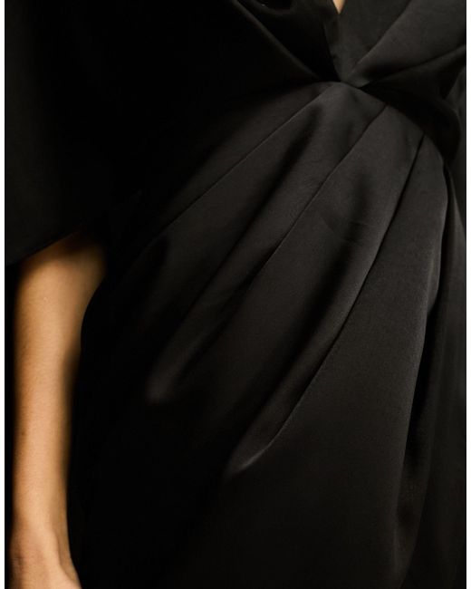 ASOS Black Satin Batwing Pleat Midi Dress With Drape Skirt