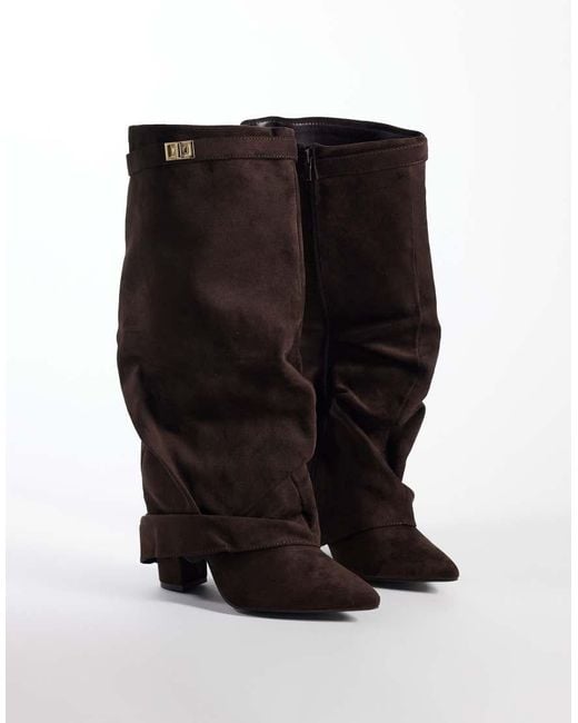 SEQWL Wide Fit Brown Ranger Faux Suede Fold Over Knee Boots