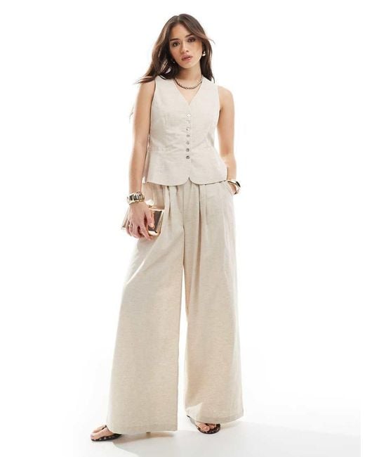 4th & Reckless Natural Linen Blend Tailored Ruched Waistband Wide Leg Trousers Co-ord