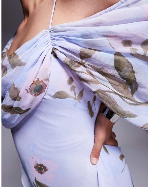 Vestido Semilargo Azul De Corte Al Bies Con Cuello Desbocado, Bajo Asimétrico Y Estampado Floral De Asos Design Curve ASOS de color Purple