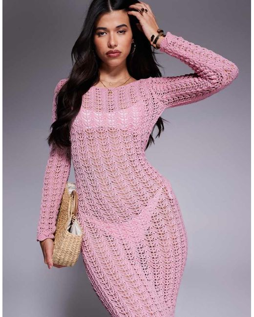 Missy Empire Purple Beach Crochet Knit Open Back Maxi Dress