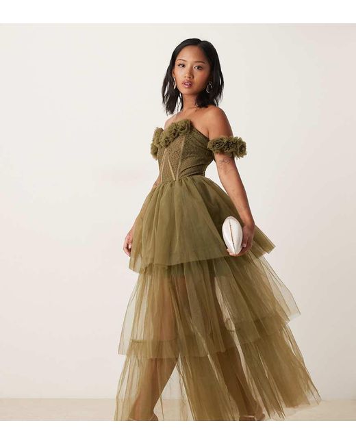 LACE & BEADS Green Rosette Corset Maxi Dress