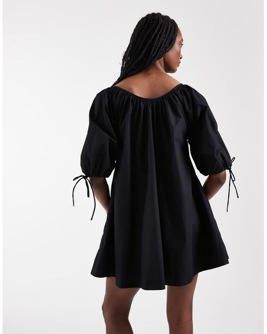 ASOS Black Asos Design Tall Scoop Neck Poplin Mini Dress With Tie Sleeves