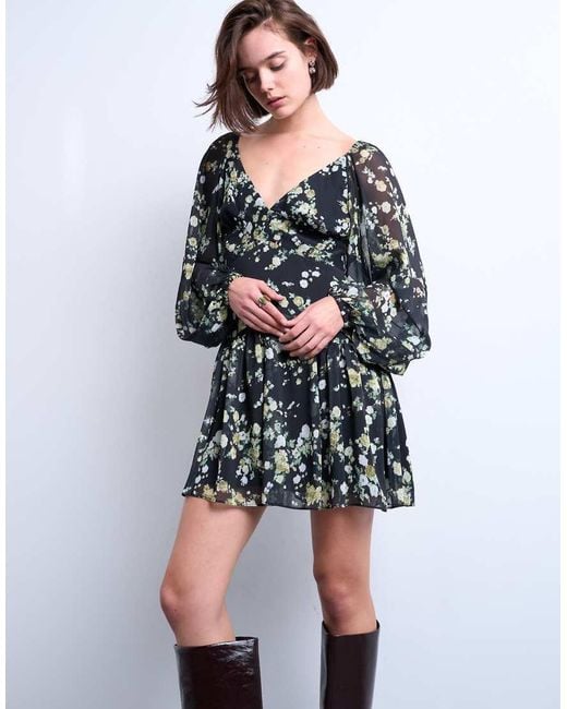 TOPSHOP Black Blouson Sleeve Mini Day Dress