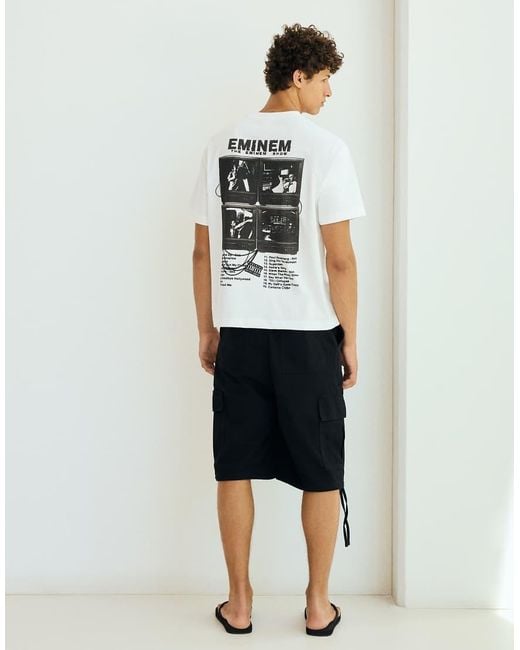 Bershka White Eminem Relaxed Fit Print T-Shirt for men