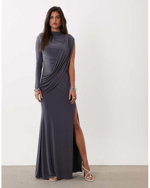 ASOS Gray One Shoulder Slinky Maxi Dress With Sweeping Sash Detail