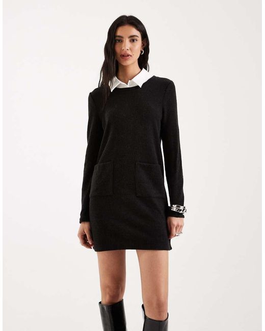 Vero Moda Black 2 In 1 Long Sleeve Knitted Mini Dress With Poplin Collar In