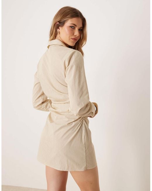 ASOS Natural Cotton Ruched Waist Shirt Mini Dress With Flared Sleeve
