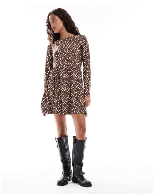 Wednesday's Girl Brown Long Sleeve Smudged Polka Dots Mini Dress