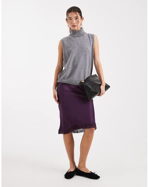 ASOS Purple Lace Trim Satin Midi Skirt