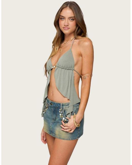 Edikted Blue Safi Backless Split Front Halter Top