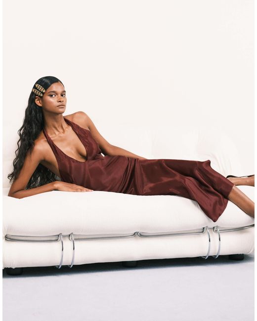 ASOS Satin Halter Bias Maxi Dress in Brown | Lyst