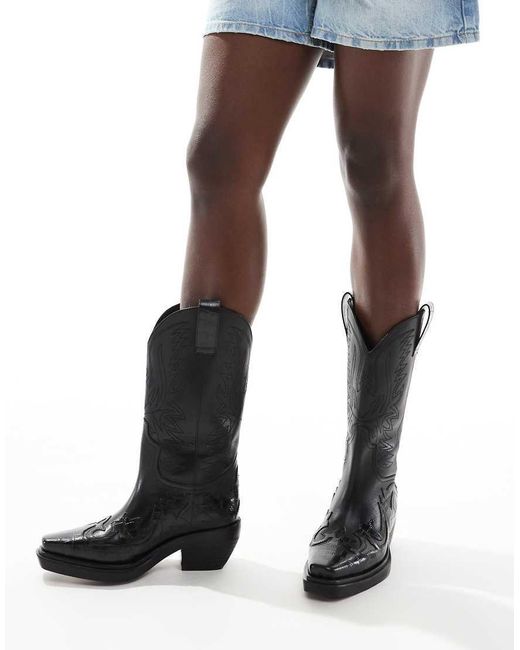 Schuh Black Dora Western Knee Leather Boots
