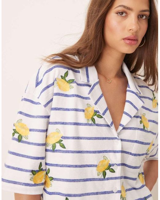ASOS White Revere Stripe Shirt With Lemon Embroidery