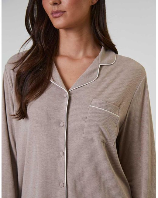 Loungeable Gray Rib Long Sleeve Traditional Shirt And Long Pant