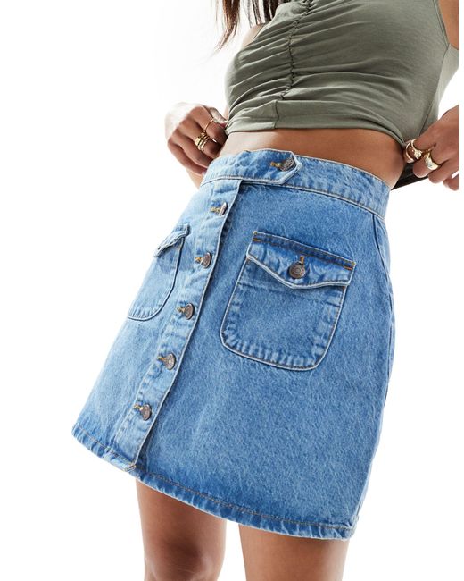 ASOS Blue Asos Design Petite Denim Button Through Mini Skirt
