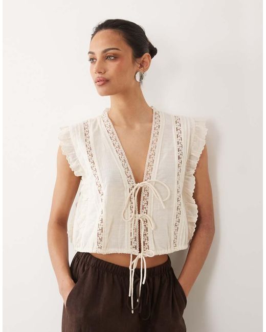 Mango Natural Cotton Mix Tie Front Frill Detail Blouse