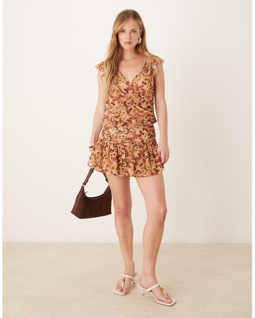 Motel Natural Heidi Chiffon Floral Print Wrap Co-Ord Top