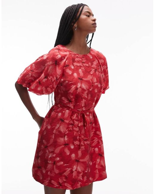 & Other Stories Red Mini Round Neck Dress With Puff Sleeves And Detachable Belt
