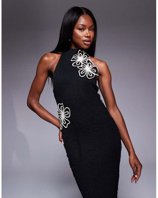 ASOS Blue Textured Maxi Dress With 3d Flowers