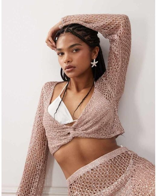 Miss Selfridge Brown Beach Sequin Crochet Twist Detail Long Sleeve Top
