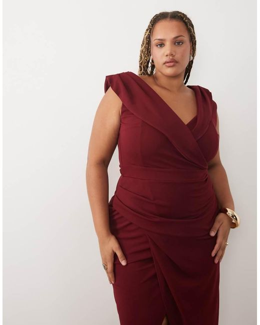 Tfnc Plus Red Wrap Detail Bardot Maxi Dress