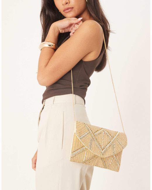 True Decadence Metallic Beaded Envelope Clutch With Crossbody Strap