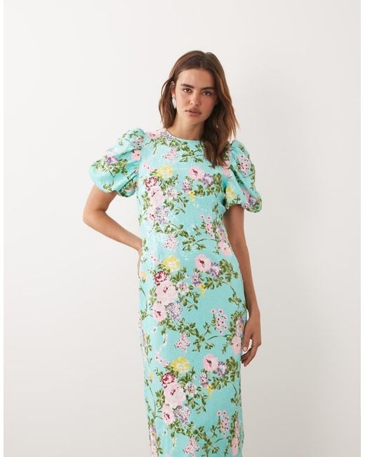 Sister Jane Green Dream Stella Sequin Embellished Puff Sleeve Round Neck Maxi Dress