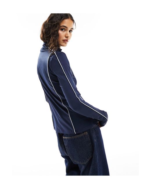 Weekday Blue Lionella Long Sleeve Zip Up Top With Piping Detail