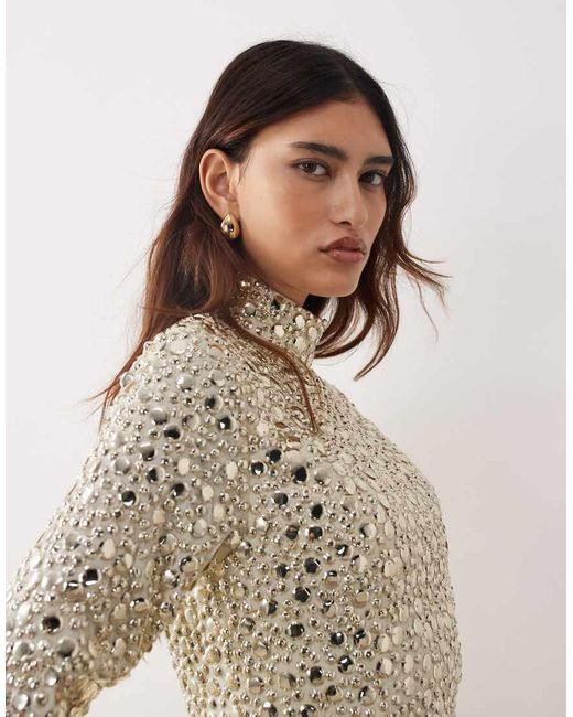 ARRANGE Natural Textural Sequined High Neck Long Sleeve Maxi Dress